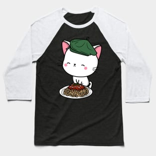 Cat eating Spaghetti - White Angora Cat Baseball T-Shirt